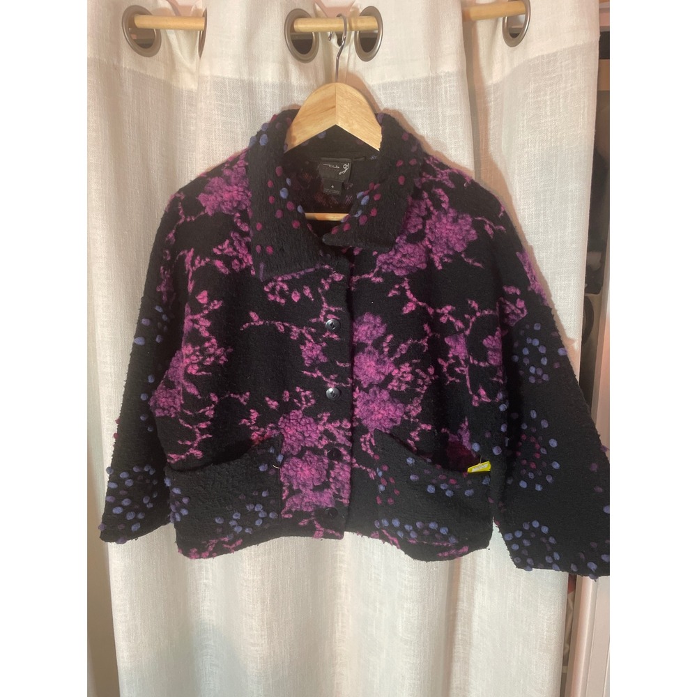 TLB Design Cropped Jacket‎ Small Wool Blend Abstract Floral Lagenlook Arty EUC